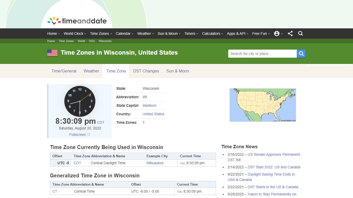Time Zones in Wisconsin, United States - Time and Date