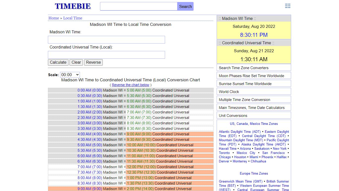 Madison WI Time to Local Time Conversion -- TimeBie